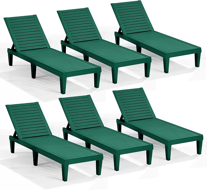 Nestl Sun Tanning Chair - Forest Green Chaise Lounge Chair Outdoor, Lightweight Pool Lounge Chairs Set of 6, Adjustable 5-Position Reclining Lawn Chair, Waterproof Beach Outdoor Lounge Chairs