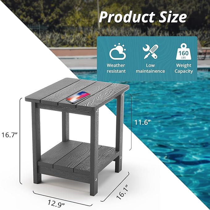LUE BONA Adirondack Outdoor Side Table, 2-Tier Dark Grey HDPS Patio End Table Weather Resistant, Morden Side Table for Patio, Pool, Porch
