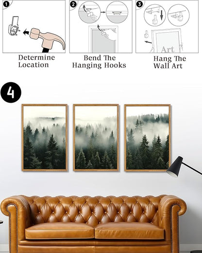 UPWOIGH Large Framed Canvas Wall Art, Set of 3 Foggy Forest Decor, 16x24 in Minimalist Natural Cotton Posters, Misty Forest Triptych, Green Botanical Modern Aesthetic for Living Room, Bedroom, Office