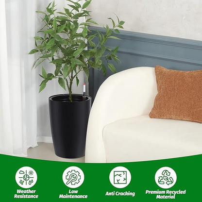 16 in Tall Planters Set of 2, Plant Pots, Self Watering Pots for Indoor Plants, Flower Pots With Built-In Drainage and Visual Water Level Design, for Patio, Porch, Living Room, or Home Office, Black