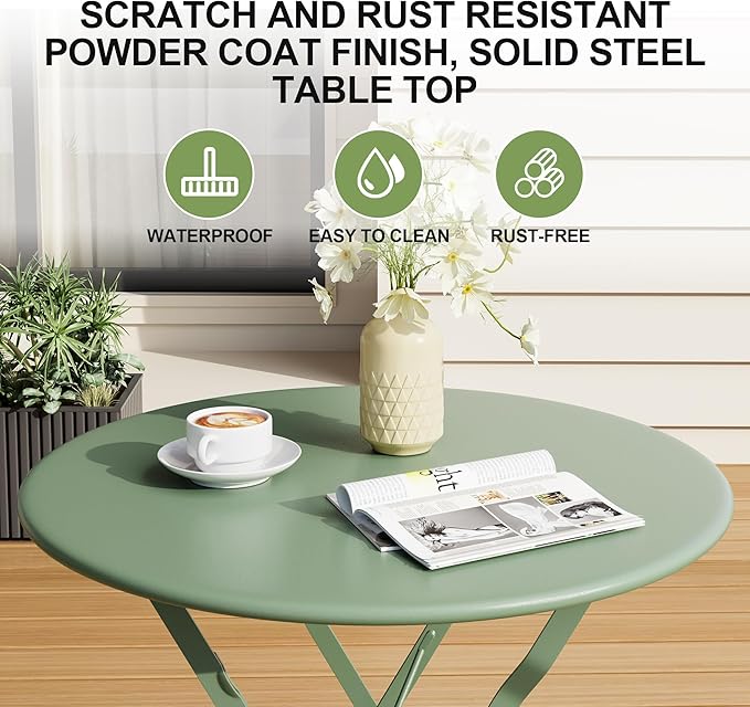 3-Piece Folding Bistro Set, Outdoor Patio Furniture Set with 2 Chairs & 1 Table, Space-Saving Foldable Balcony Garden Set with Heavy-Duty Powder-Coated Steel Frame, No Assembly Required, Green