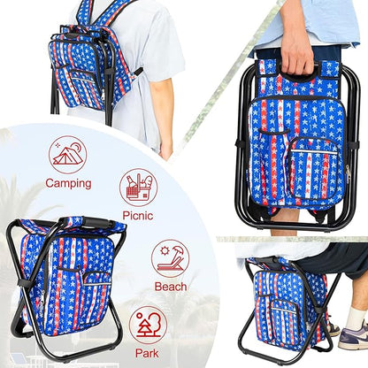 Kikerike Backpack Stool Cooler Chair Heavy Duty 300 LBS Max Load Portable Lightweight Stool Backpack Folding Fishing Cooler Seat for Camping Hunting Fishing - American Flag
