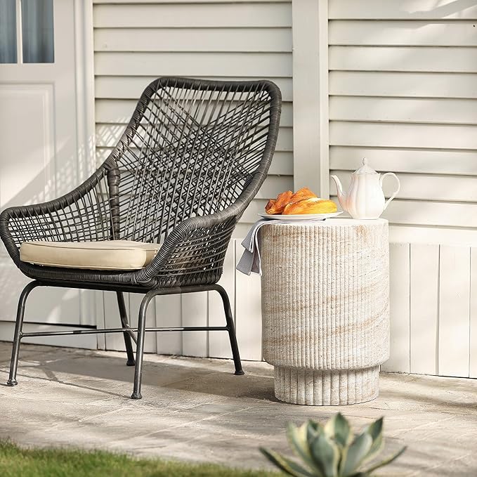 LuxenHome Outdoor Accent Side Table, 18'' Travertine-Style Outdoor Furniture, Round with Ribbed Cement End Table for Patio Backyard Balcony, Modern Coffee Furniture Gift