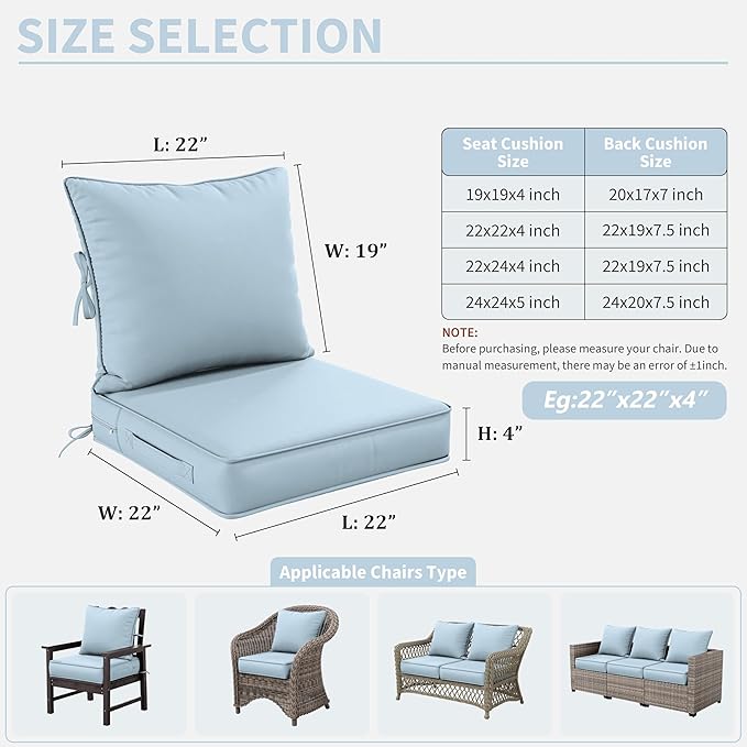 Premium Outdoor Seat Cushion Chair Cushions for Patio Furniture 22 L X 22 W X 4 H Waterproof & Fade Resistant Deep Seat and Backrest Cushion Set with Removable Covers for Chair, Sofa