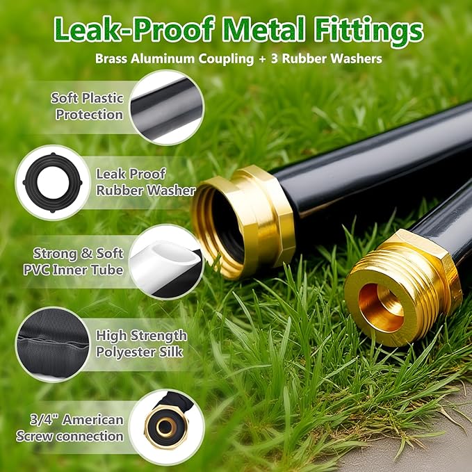Garden Hose100FT, Lightweight & Flexible Water Hose,Non-Expanding,3/4" GHT Leak-Proof Metal Fittings, Non-Expanding, Kink-Free, Portable, Wear-Resistant for Yard, Lawn, Garden Use