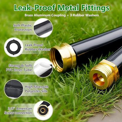 Garden Hose100FT, Lightweight & Flexible Water Hose,Non-Expanding,3/4" GHT Leak-Proof Metal Fittings, Non-Expanding, Kink-Free, Portable, Wear-Resistant for Yard, Lawn, Garden Use