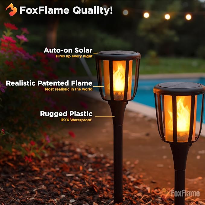Solar Landscape Lights Rustic - Realistic Flickering Flame Patented LED, Adjustable Height, Pathway Lights Solar Powered Torch with Poles for Outdoor Landscape, Garden, Yard, and Patio Decor (4 Pack)