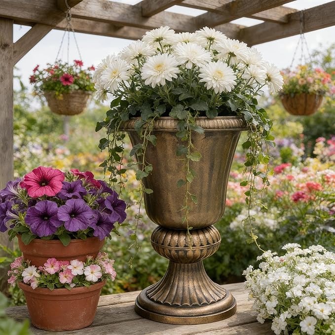 Athena Collection 20''H Garden Plastic Urn Vintage Tall Planter Urn Patio Large Flower Pot Porch Planter Large Planter for Indoor Outdoor Plant, Bronze