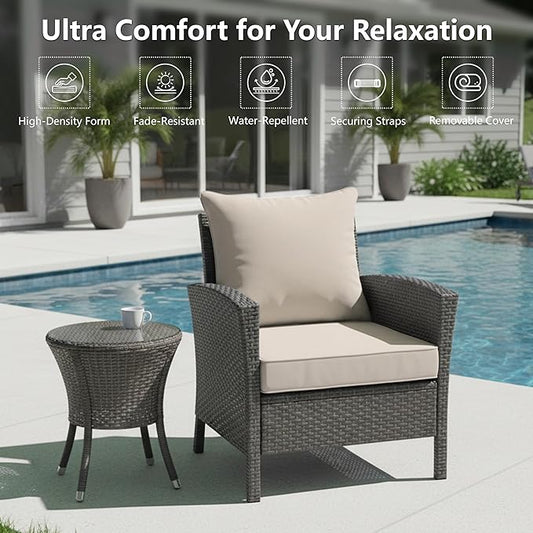 19x19 Inch Patio Chair Cushion with Removable Cover, Outdoor Furniture Cushion - Water-Repellent, Fade-Resistant, Non-Slip Bottom & Straps, Replacement for Lawn, Porch & Deck Chair - Cream