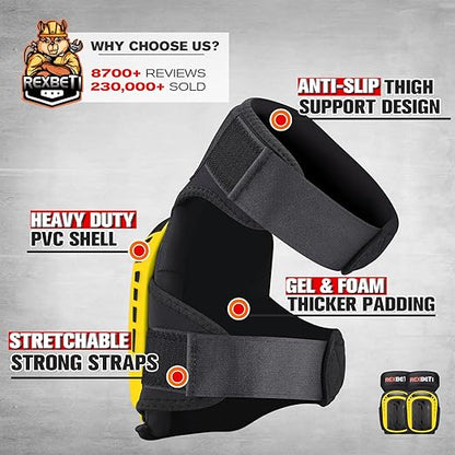 REXBETI Knee Pads for Work, Construction Knee Pads for Men, Heavy Duty Comfortable Anti-slip Foam Gel Knee Pads for Gardening Flooring and Cleaning, Strong Stretchable Straps, Yellow