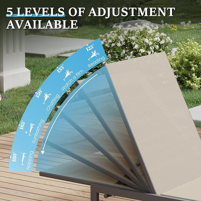 UDPATIO Patio Outdoor Lounge Chair Poolside Chaise Lounges | Breathable & Quick-Dry Textilene Fabric,5-Positions Adjustable Backrest