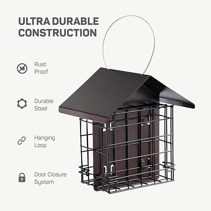Suet Bird Feeder for Outside [Double Capacity] Suet Wild Bird Feeder with Hanging Metal Roof, Suet Feeders for Outside, for Use with Suet Cakes, Seed Cakes, Mealworm Cakes
