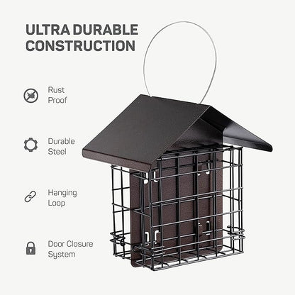 Suet Bird Feeder for Outside [Double Capacity] Suet Wild Bird Feeder with Hanging Metal Roof, Suet Feeders for Outside, for Use with Suet Cakes, Seed Cakes, Mealworm Cakes