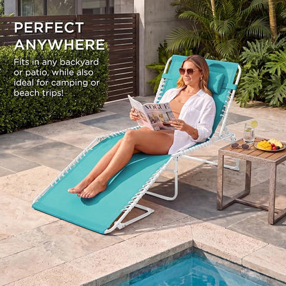 Best Choice Products Extra Wide Patio Chaise Lounge Chair, Portable Outdoor Folding Recliner for Lawn, w/ 8 Positions, Handles, 440lb Capacity - Light Blue/White