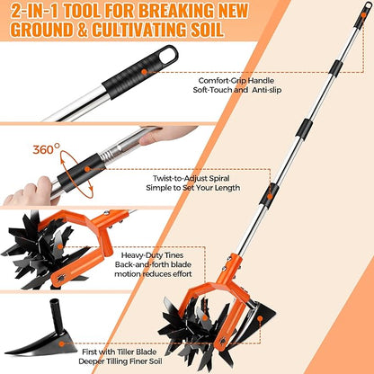 Pankay Rotary Hand Tiller for Gardening, Garden Cultivator Tool with Tilling Blade, 63’’ Adjustable Stainless Steel Poles Cultivators for Gardening, Lawn Care, Reseeding Grass, Soil Mixing