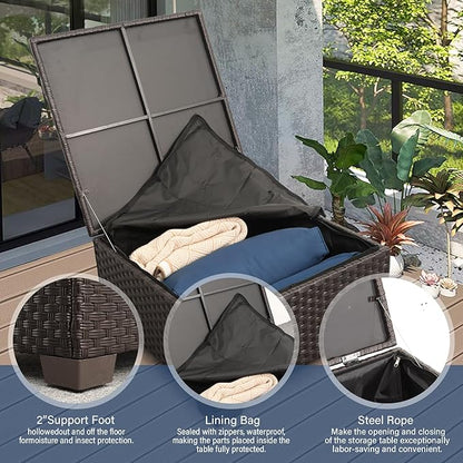 Patio Furniture Set 3 Pieces Outdoor Sectional Sofa Set Wicker Patio Furniture Outdoor Couch Outdoor Ottoman Coffee Table with Storage All-Weather Anti-Slip Cushions Waterproof Covers, Navy Blue