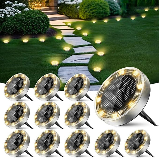 Peasur Solar Lights Outdoor Waterproof -12 Pack Solar Ground Lights Anti-Rust, Flat Solar Powered Disc Lights Landscape Lighting for Deck Step Patio Yard Pathway Walkway Driveway Garden, Warm White