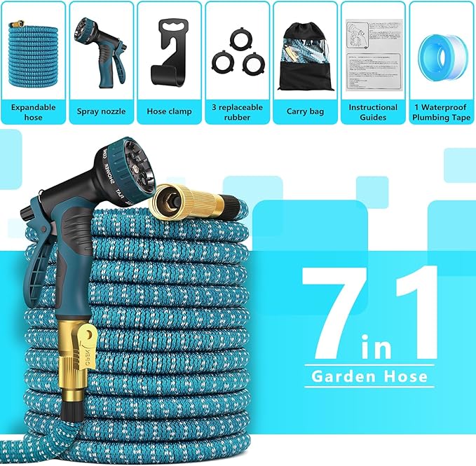 100 ft Expandable Garden Hose - 2026 Newly No-Kink 5-Layer Latex Core Water Hose with 10-Pattern Nozzle, Flexible, Lightweight, Leak-Free, 3/4” Solid Brass Fittings, 3750D Retractable Expanding Hose