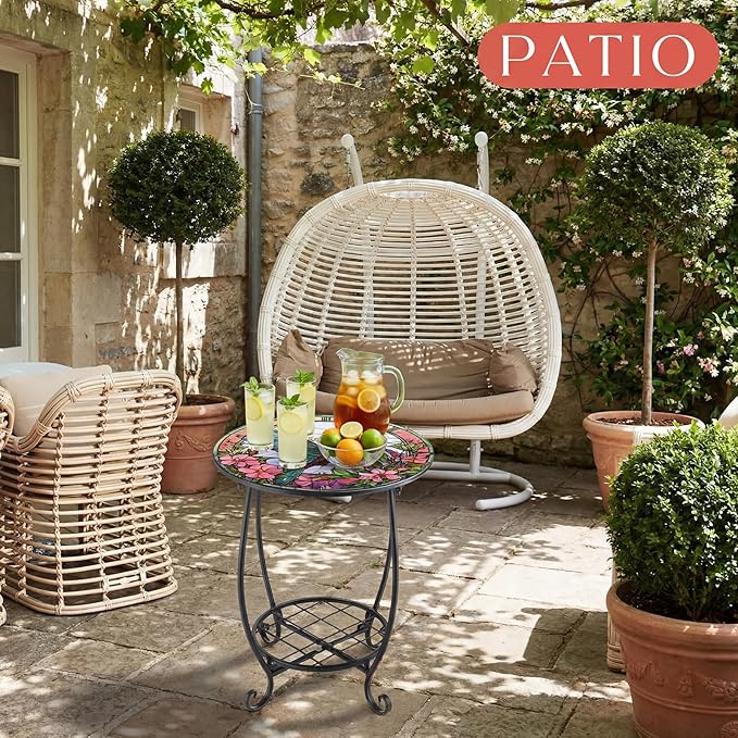 Cinnvoice Outdoor Side Table Round Small Mosaic Patio Accent Indoor End Plant Coffee Tea Table for Yard Patio Porch Garden Living Room, Bedroom(Hummingbird Style,16 Inch)