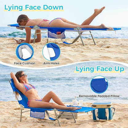 #WEJOY Folding Tanning Chair with Face Hole, 5 Positions Face Down Beach Lounge Chairs with Pillow for Outside Sunbathing Poolside (Blue/White)
