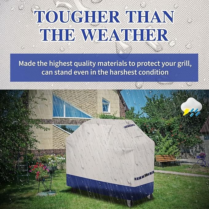 Grill Cover for Outdoor Grill 600D Heavy Duty 64Inch Waterproof,UV & Fade Resistant,BBQ Cover with Adjustable Straps,BBQ Grill Cover for Weber,Blackstone,Charbroil etc,Blue with Print