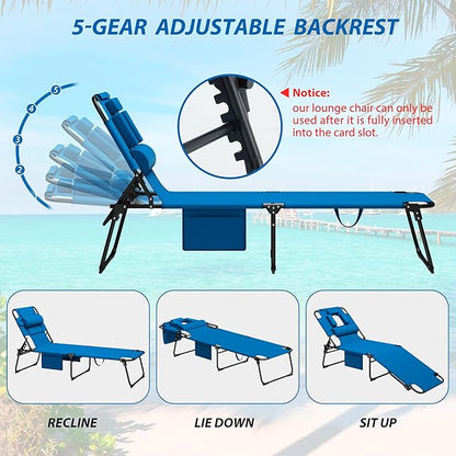 400lbs Tanning Chair with Face Hole, 5-Position Folding Chaise Lounge Chair with Side Pockets, Portable Beach Lounge Chair for Outdoor Sunbathing Patio Pool Lawn, Blue