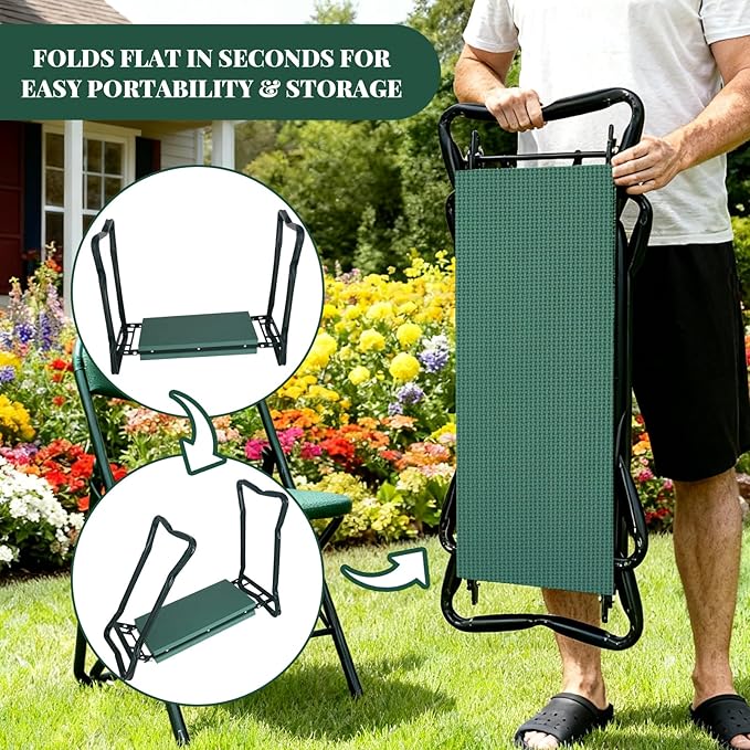 RAIN SPIRIT Garden Kneeler and Seat with Thicken & Widen Soft Kneeling Pad,Heavy Duty Gardening Bench Kneeler and seat Foldable Gardening Stool with 2 Tool Pouches，Gifts for Women, Seniors, Mom & Dad