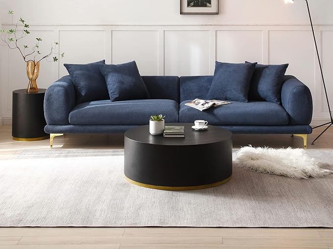 kevinplus Black Round Coffee Table for Living Room, Modern Contemporary Drum Circle Wood Coffee Table for Apartment Office, Black & Gold
