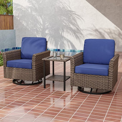 Canyon Ridge 3 Piece Outdoor Patio Bistro Set with Swivel Rocking Chairs and Side Table, Outdoor Furniture Set, Brown/Blue