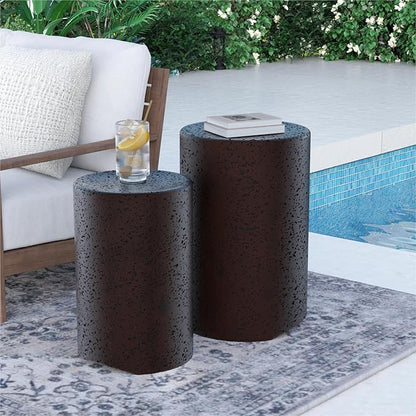 SUNBURY Concrete Side Table Set of 2, Outdoor Side Table Nesting for Patio, Outdoor Accent Table, Patio End Table in Spotted, Ceramic Garden Stool for Lawn, Deck, Round, Brown