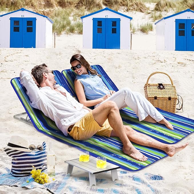 Giantex Beach Chairs for Adults 2 Pack Set with Side Table, 5 Position Adjustable Folding Lawn Chair for Sunbathing, Patio Chaise Lounge Lightweight Backpack Camping Chairs (Stripe)