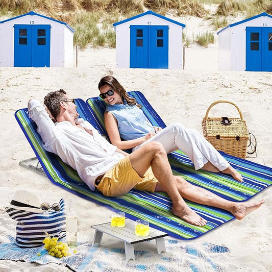 Giantex Beach Chairs for Adults 2 Pack Set with Side Table, 5 Position Adjustable Folding Lawn Chair for Sunbathing, Patio Chaise Lounge Lightweight Backpack Camping Chairs (Stripe)