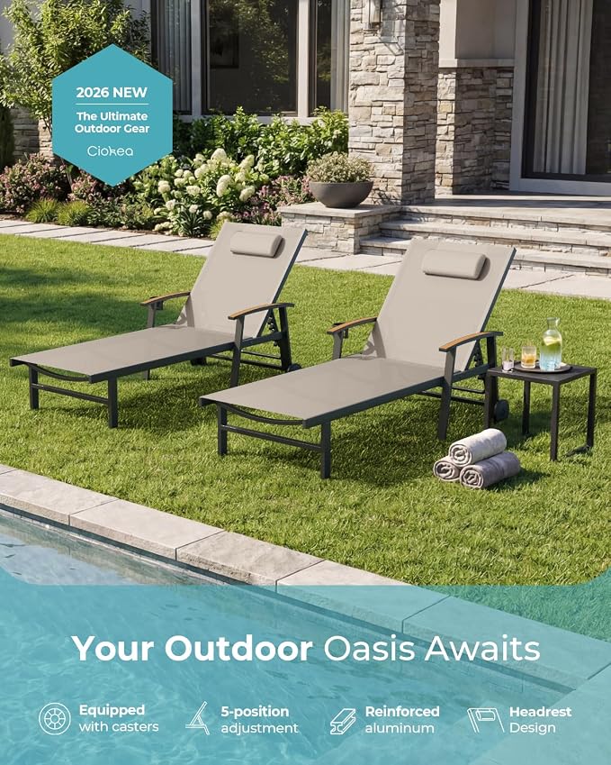 Ciokea Outdoor Lounge Chair with Pillow Set of 4, 5-Position Chaise Lounges with Wheels & Armrests, 400 lbs Heavy Duty Aluminum Pool Lounge Chairs, for Deck, Beach, Backyard & Poolside, Khaki