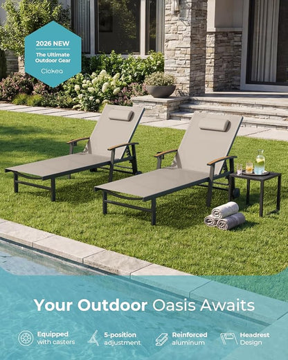 Ciokea Outdoor Lounge Chair with Pillow Set of 4, 5-Position Chaise Lounges with Wheels & Armrests, 400 lbs Heavy Duty Aluminum Pool Lounge Chairs, for Deck, Beach, Backyard & Poolside, Khaki