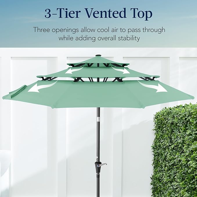 Best Choice Products 10ft 3-Tier Market Patio Umbrella, Outdoor Sun Shade with Tilt, Crank Lift, 8 Ribs for Backyard, Deck, Poolside – Seaglass