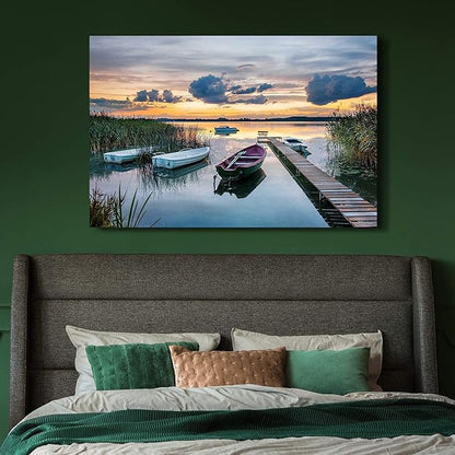 Lake Landscape Canvas Wall Art: Modern Nature Sunrise Gallery Artwork Relaxing Long Pier Sand Scenery Prints Large Boat Shore Scene Picture Colorful Mountain Sunset Painting for Living Room