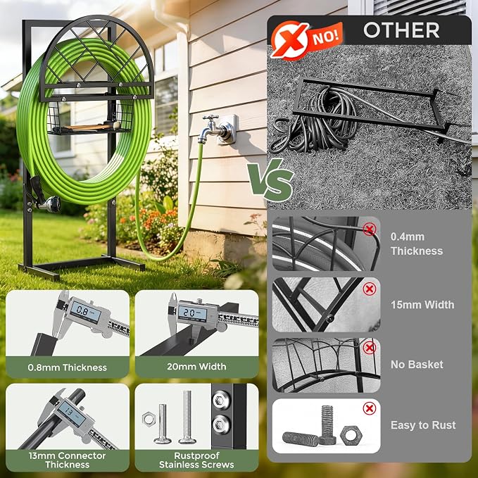 Garden Hose Holder Heavy Duty Water Hose Holder with Storage Basket,Holds Up to 165FT Hose, Freestanding Outdoor Hose Hanger with 4 Spikes Sturdy Hose Stand, for Outside Yard Lawn Patio