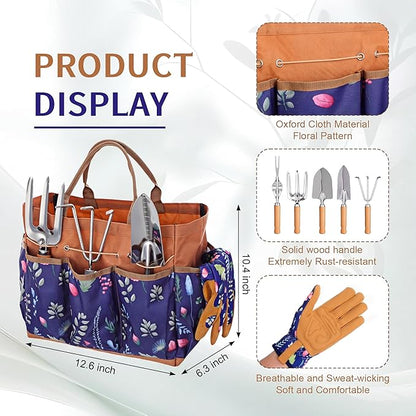 Lothee 8 Pcs Gardening Tool Set 12.6x6.3x10.4 Inch Multi-Pocket Large Floral Tote Bag with Leather Gloves Stainless Steel Garden Tools Kit for Digging Planting Weeding Pruning, Garden Gift for Women