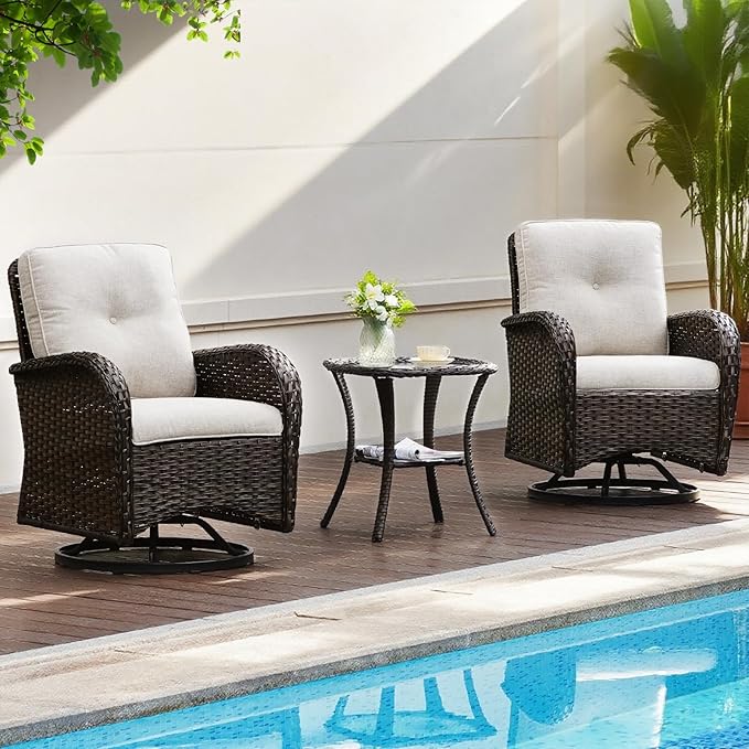 Outdoor Swivel Rocking Bistro Set, 3-Piece PE Patio Furniture Set with Cushions and Glass Table, All-Weather 360° Rotating Wicker Chairs and Table Set for Porch, Deck, Balcony, Backyard