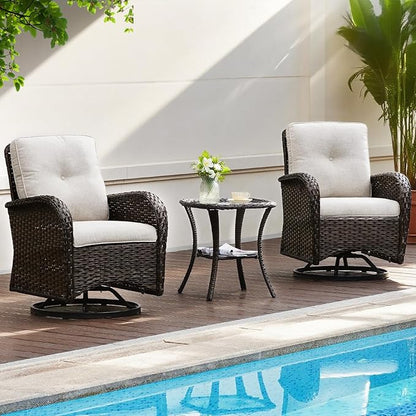 Outdoor Swivel Rocking Bistro Set, 3-Piece PE Patio Furniture Set with Cushions and Glass Table, All-Weather 360° Rotating Wicker Chairs and Table Set for Porch, Deck, Balcony, Backyard
