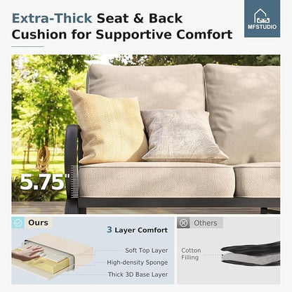 MFSTUDIO 5 Pieces Patio Conversation Sets,Outdoor Metal Furniture Sofas with 1 x 3-Seat Sofa, 2 x Rocking Chairs,2 x Ottoman,Wrought Iron Frame with Beige Cushion for Patio Courtyard Balcony