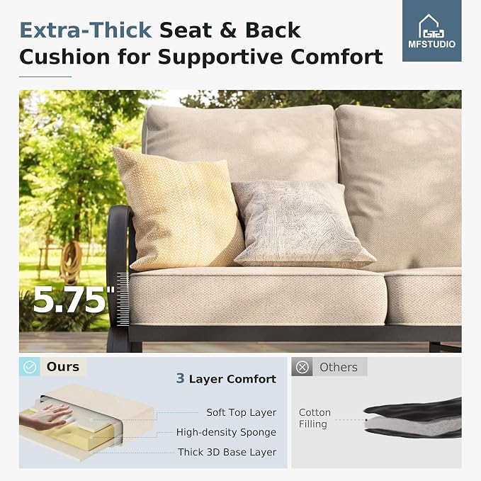 MFSTUDIO Metal Patio Conversation Sets, Outdoor Furniture Sofas Set of 2, 2 Pieces Durable Steel Frame Patio Chairs with 5.8" Beige Cushions for Patio Garden Backyard Balcony