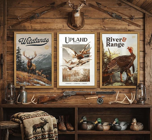 3Pcs Framed Wild Animal Canvas Wall Art Nature Wilderness Deer Wild Duckturkey Wall Decor Pictures Hunting Outdoorsy Cabin Posters Prints Gift Hunter Dad for Living Room Bedroom Home Decoration