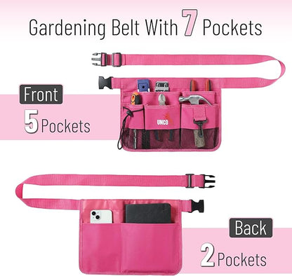 UNCO- Adjustable Gardening Belt, Pink, 7 Pockets, Wear, Cut and Water Resistant, Garden Tool Belt Pouch, Waist Apron with Pockets