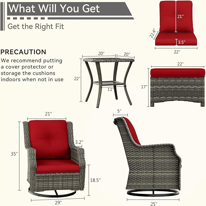 5 Piece Patio Furniture Wicker Conversation Set, 2 Swivel Chairs, 2 Ottomans with 1 Side Table, for Outdoors, Backyard, Deck, Red