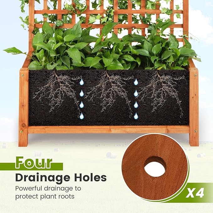 COSTWAY Raised Garden Bed with Trellis, Indoor & Outdoor Wooden Planter Box with Hanging Roof, Drainage Holes, Freestanding Vertical Planter for Vines, Climbing Plants, Flowers, Vegetables