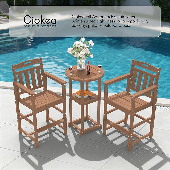 Ciokea Oversized Tall Bar Chair, HDPE Adirondack Outdoor Bar Chair with Footrest, All-Weather Barstool with High Back for Balcony, Bistro, Porch, Deck, Pool, Backyard, Teak