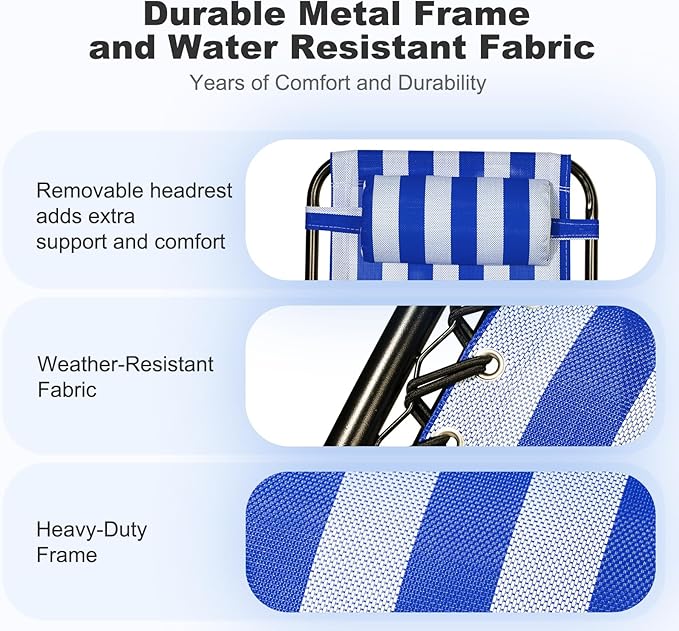 Nazhura Set of 2 Relaxing Recliners Patio Chairs Adjustable Steel Mesh Zero Gravity Lounge Chair Beach Chairs with Pillow and Cup Holder (Navy Blue Stripe)