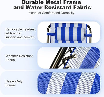 Nazhura Set of 2 Relaxing Recliners Patio Chairs Adjustable Steel Mesh Zero Gravity Lounge Chair Beach Chairs with Pillow and Cup Holder (Navy Blue Stripe)