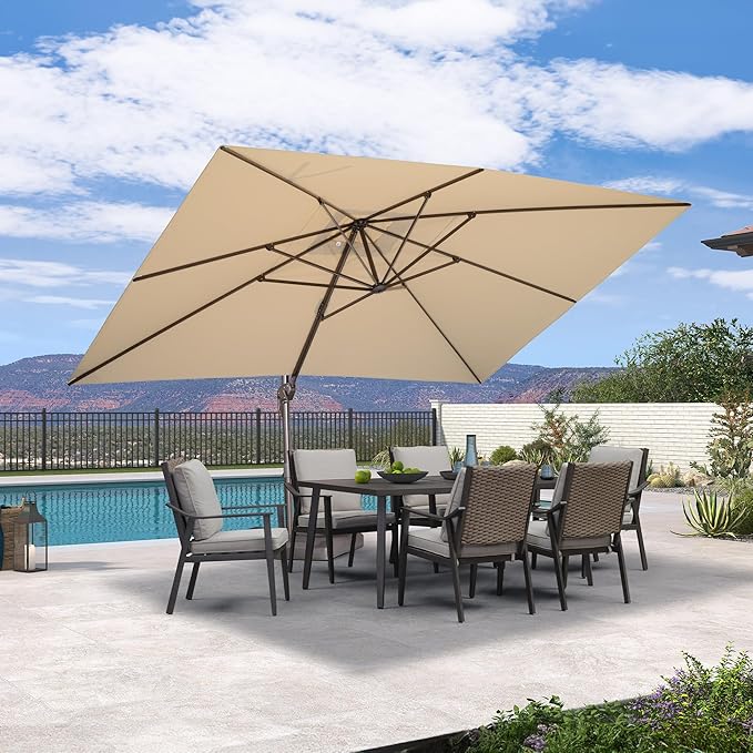 PURPLE LEAF 10' X 13' Patio Cantilever Umbrella Rectangle Umbrella Outdoor with Aluminum Offset Hanging and 360° Rotation for Pool Garden Deck Patio, Beige